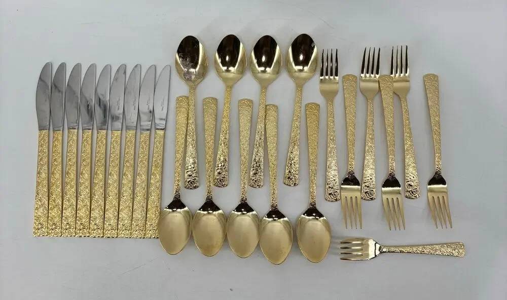 Vtg Hollywood Regency Dinner Spoons Fork Gold Stainless Steel 25 Pieces Japan